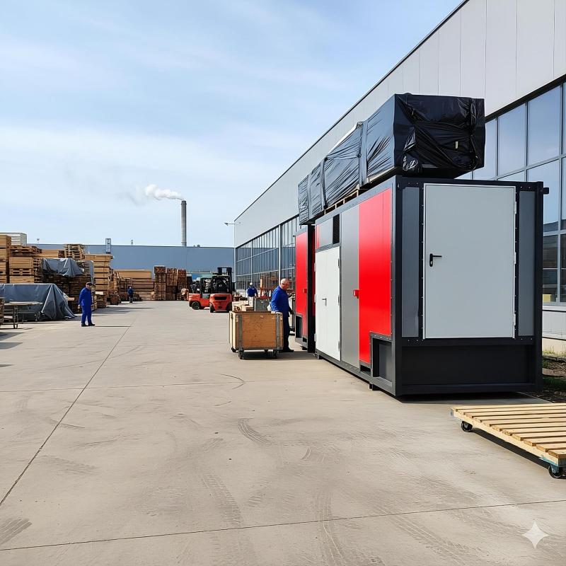 Kompletna kotłownia kontenerowa Plomex-Pol na placu przemysłowym. Widok na szaro-czerwony moduł mobilnej kotłowni z infrastrukturą logistyczną w tle, gotowy do instalacji u klienta.