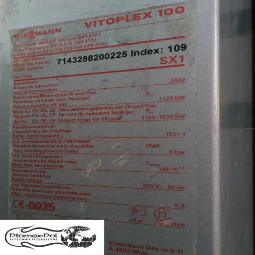 Tabliczka znamionowa kotła przemysłowego Viessmann Vitoplex 100 o mocy 1120 kW na olej i gaz z kotłowni Płomex-Pol.