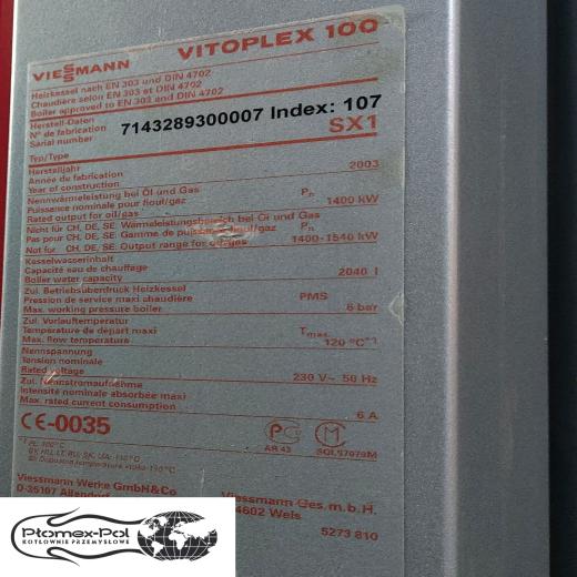 Tabliczka znamionowa przemysłowego kotła grzewczego Viessmann Vitoplex 100 o mocy 1400 kW z oferty Płomex-Pol.