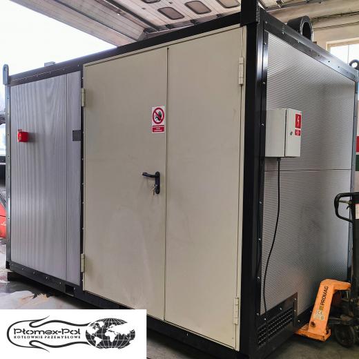 Wynajem kontenerowej kotłowni olejowej Viessmann 200 kW – widok zewnętrzny gotowego do transportu urządzenia.