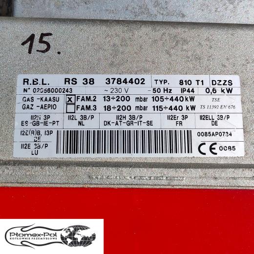 Przemysłowy palnik gazowy Riello RS 38 105-440kW – dane techniczne, zasilanie 230V, model 3784402.