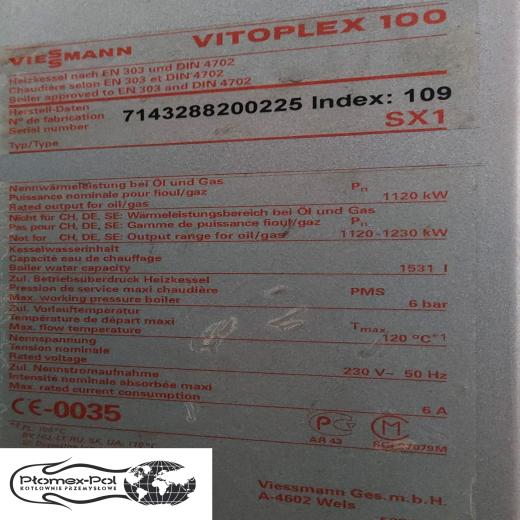Tabliczka znamionowa kotła Viessmann Vitoplex 100 o mocy 1120 kW z parametrami technicznymi w ofercie Płomex-Pol