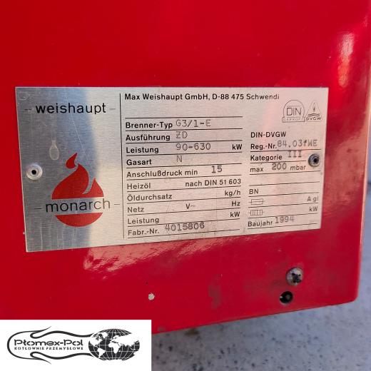 Tabliczka znamionowa używanego palnika gazowego Weishaupt G3/1-E ZD o mocy 90-630 kW Płomex-Pol