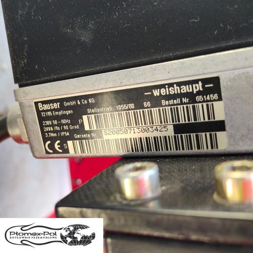 Tabliczka znamionowa siłownika Weishaupt Bauser 1055/80 (Bestell Nr. 651456) na używanym palniku gazowym Weishaupt G3/1-E-ZD, 90-630kW, na stronie Płomex-Pol.