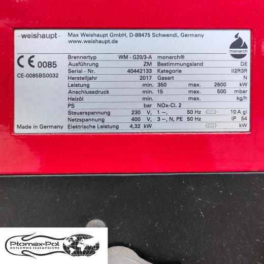 Tabliczka znamionowa używanego palnika gazowego Weishaupt WM-G20/3-A ZM monarch o mocy do 2,6 MW w ofercie Płomex-Pol.