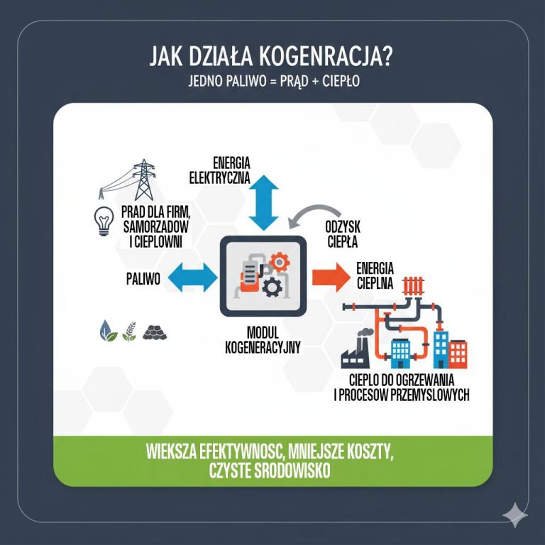 Infografika technologii kogeneracji: Schemat działania modułu kogeneracyjnego (CHP) pokazujący proces konwersji paliwa (np. biomasa, węgiel) na prąd dla firm i samorządów oraz ciepło sieciowe do ogrzewania budynków i procesów przemysłowych.