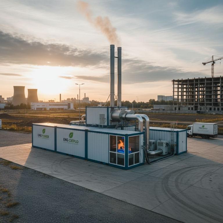 Widok z góry na mobilną kotłownię kontenerową LNG-Power i EKO Ciepło z kominami i widocznym płomieniem w palniku, na tle elektrociepłowni i budowy, podczas zachodu słońca. Nowoczesne, ekologiczne ogrzewanie przemysłowe.