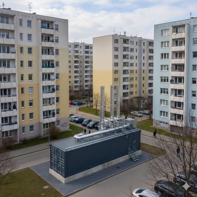 Zewnętrzna kotłownia kontenerowa z instalacją kominową dla osiedla, dostarczająca ciepłą wodę i ogrzewanie.