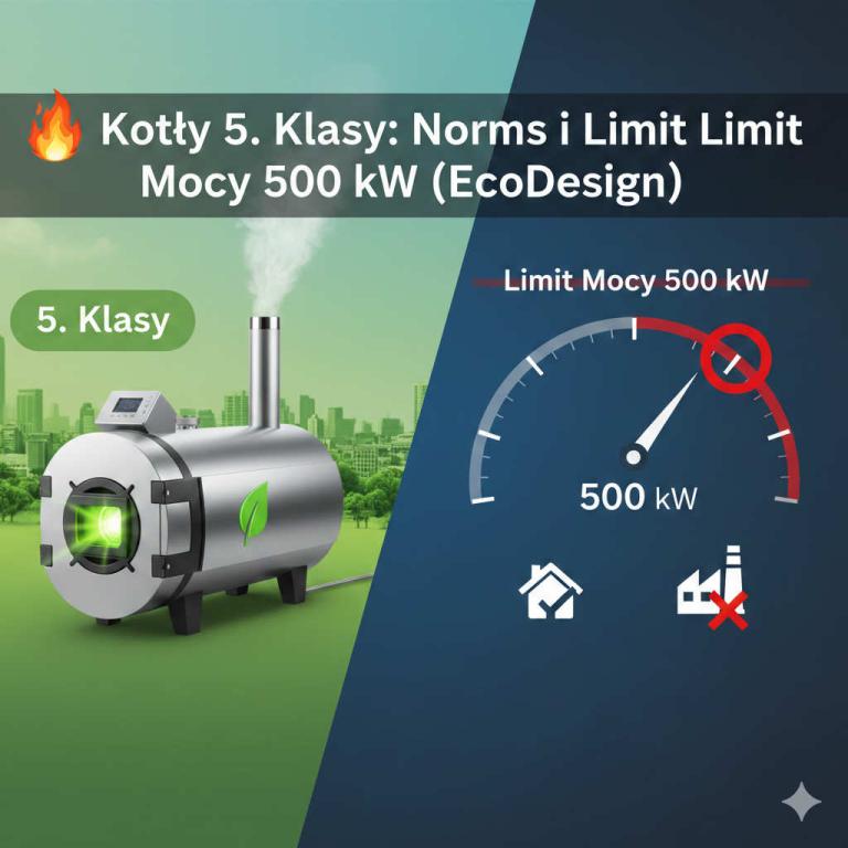 Grafika przedstawiająca kocioł 5. Klasy ze znakiem ekologicznym i dymem na tle zielonego miasta. Obok znajduje się manometr z zaznaczonym limitem mocy 500 kW oraz ikony domu i przekreślonej fabryki.