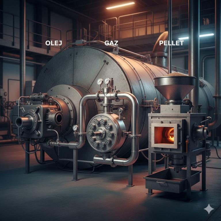 Przegląd różnych rodzajów palników przemysłowych: olejowego, gazowego i na pellet.