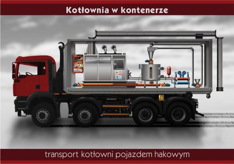 Schemat mobilnej kotłowni kontenerowej marki Płomex-Pol podczas transportu pojazdem hakowym