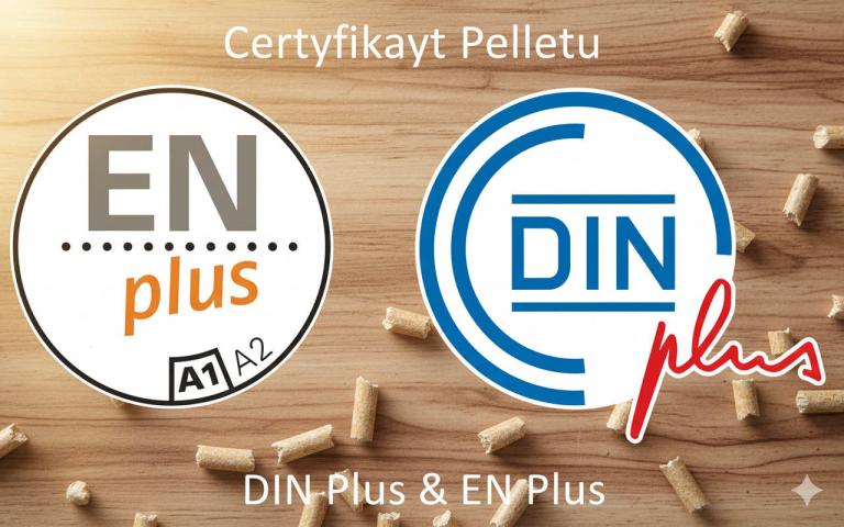 Certyfikaty pelletu EN Plus A1 i DIN Plus na tle rozsypanego opału