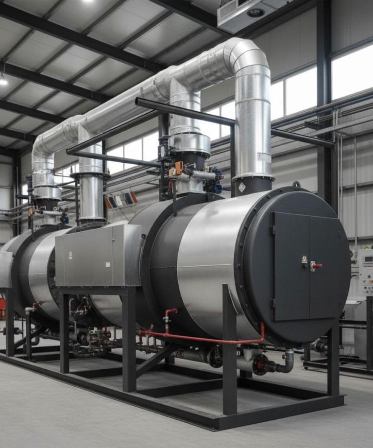 Nowoczesna kotłownia przemysłowa z dwoma dużymi, cylindrycznymi kotłami grzewczymi i rozbudowaną instalacją rur wewnątrz hali produkcyjnej.