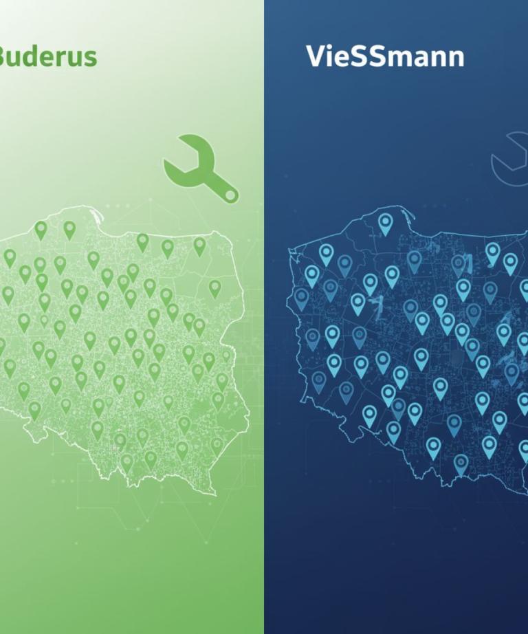Mapa Polski z zaznaczonymi punktami serwisowymi Buderus i Viessmann – porównanie dostępności serwisu i części zamiennych dla kotłów przemysłowych.
