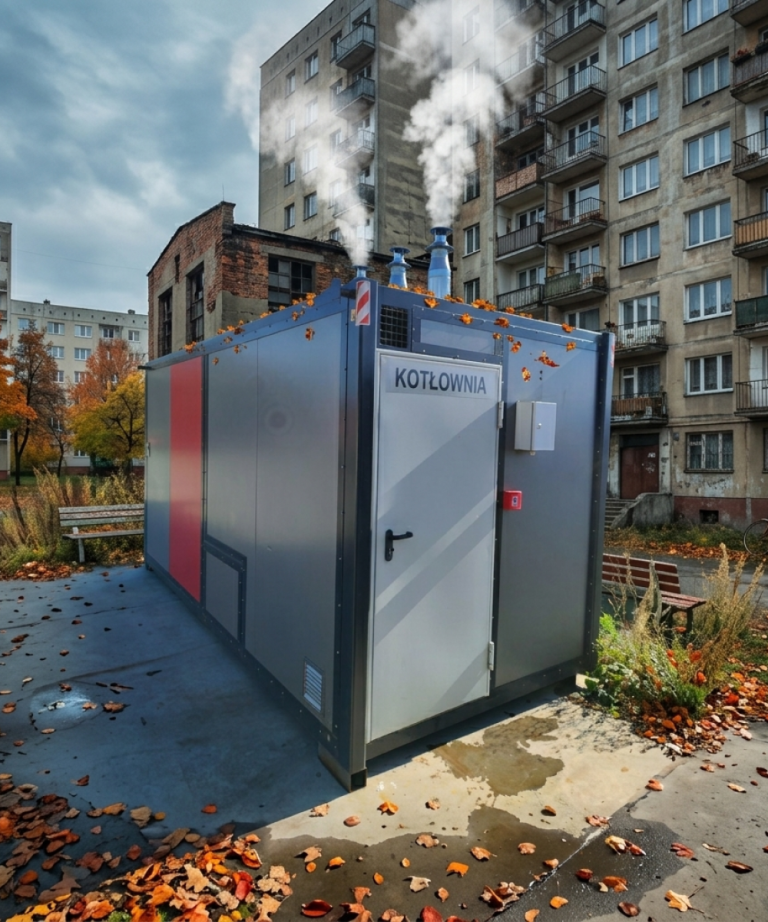 Modułowa kotłownia gazowa 480 kW (4x120 kW) — widok zewnętrzny kontenera