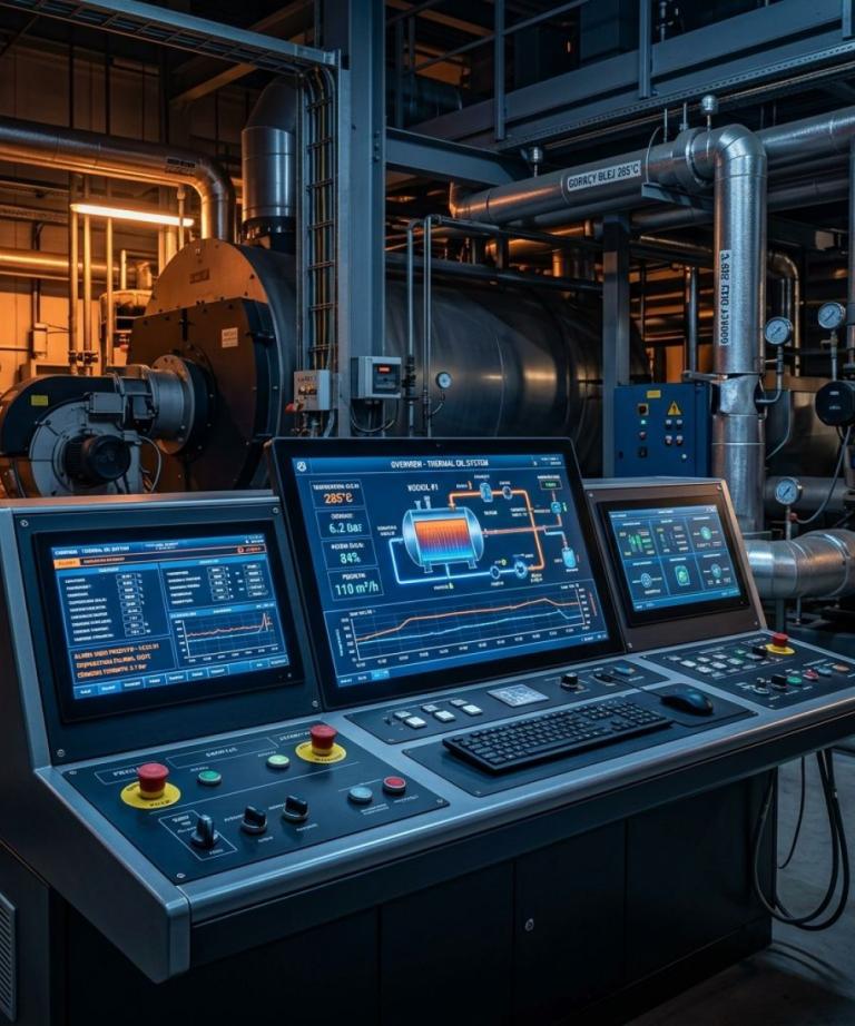 Nowoczesny cyfrowy panel sterowania (HMI) kotłowni na olej termalny w instalacji przemysłowej, prezentujący kluczowe parametry procesu: temperaturę oleju 285°C oraz schemat obiegu. W tle widoczne kotły diatermiczne i rurociągi.
