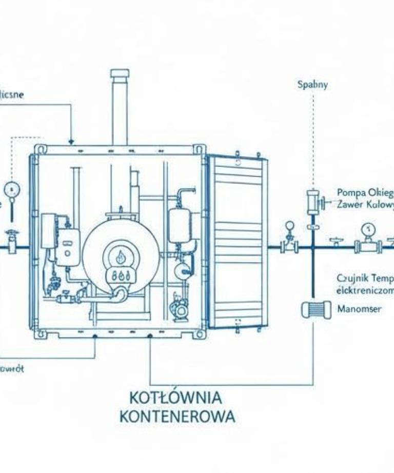 Schemat instalacji kontenerowej kotłowni grzewczej na wynajem – podłączenie c.o., pompy i zasilania elektrycznego.