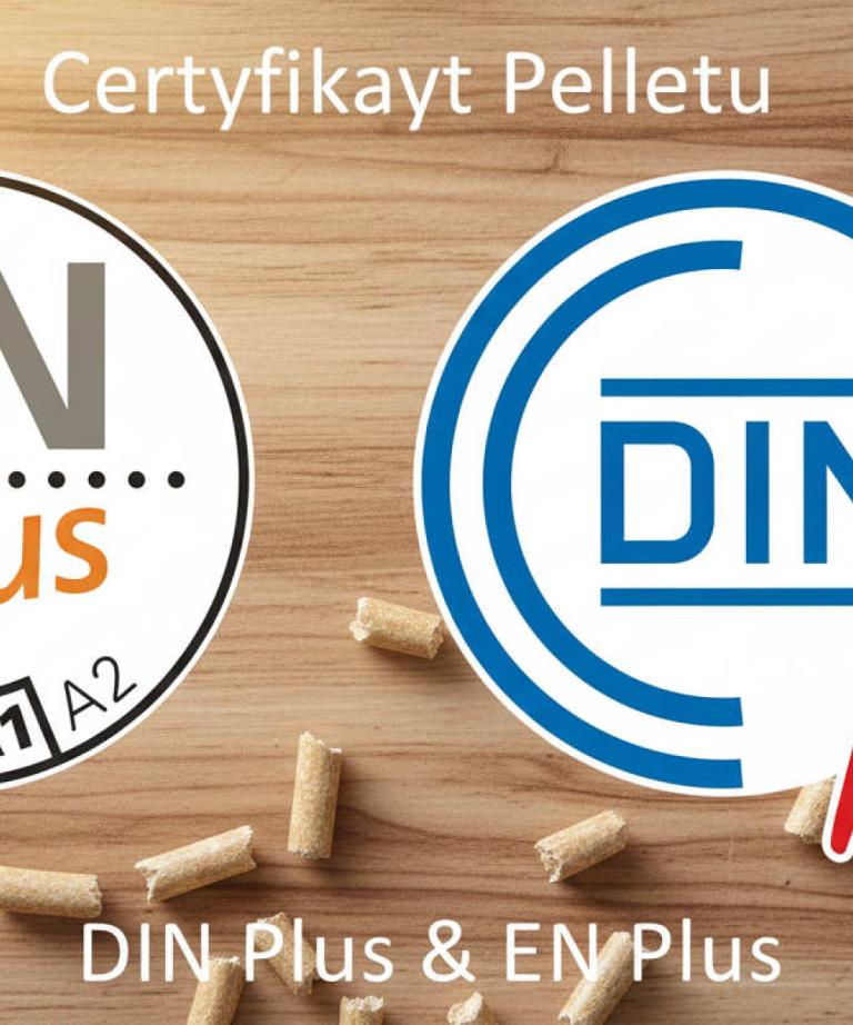 Certyfikaty pelletu EN Plus A1 i DIN Plus na tle rozsypanego opału