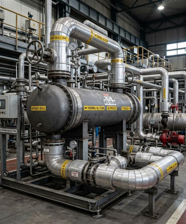 Kompletna instalacja kotłowni na olej termalny z centralnym wymiennikiem ciepła do procesów technologicznych i systemem orurowania.