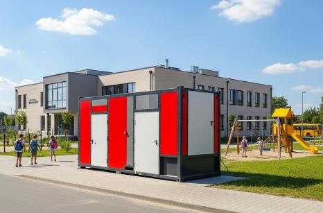 Kotłownia mobilna o mocy 600kW, dostarczająca ciepło i ciepłą wodę użytkową dla obiektu użyteczności publicznej.